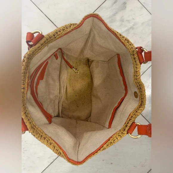 Michael Kors women’s tan straw beach shoulder tote bag with orange leather strap - Picture 7 of 13